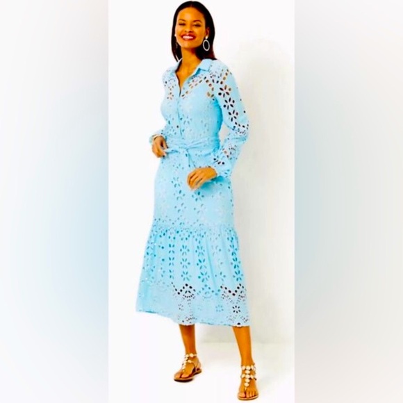 Lilly Pulitzer Zia Eyelet Midi Shirtdress Blue size 8 ❤️‍🔥RARE ❤️‍🔥